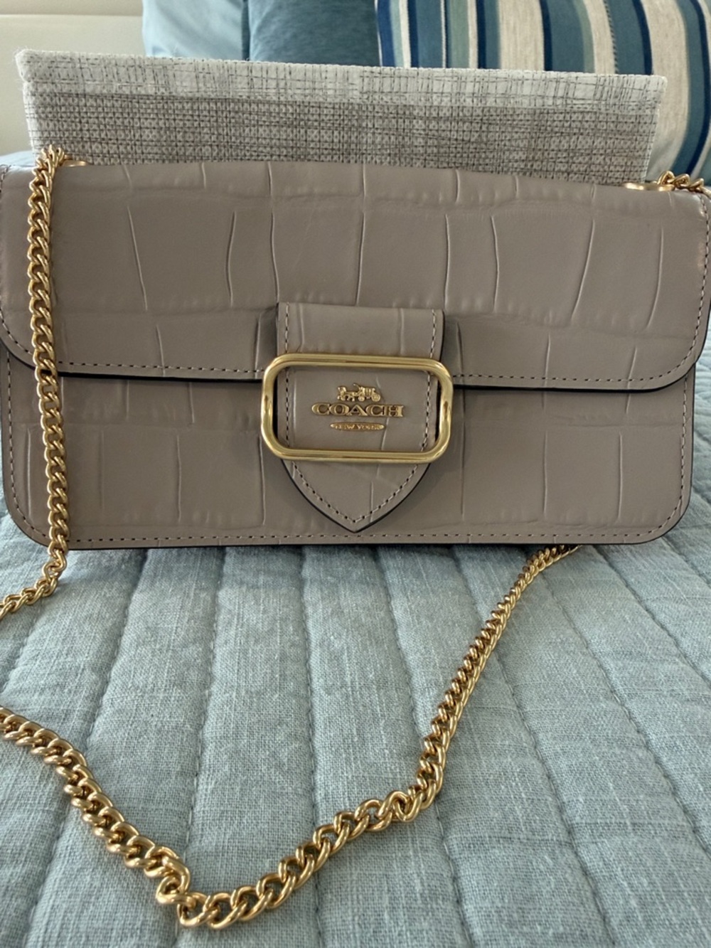 Coach Taupe Croc-Embossed Leather Crossbody with Gold Chain